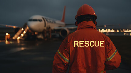 A rescue worker stands near a passenger jet at night. The worker is wearing an orange uniform with the word "RESCUE" printed on the back.