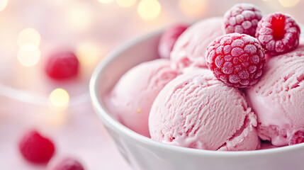 Sweet strawberry and raspberry ice cream scoops, a delicious pink frozen dessert with fresh fruit
