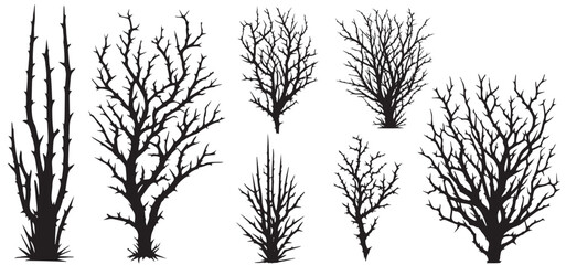 silhouette jungle bare tree and branches set, vector illustration