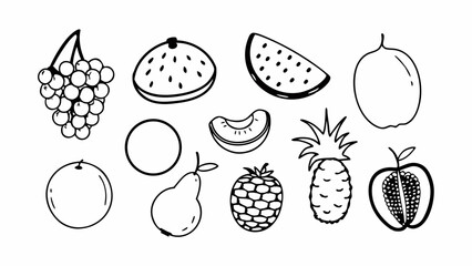 A collection of hand drawn fruit illustrations in black and white
