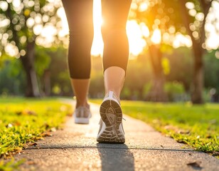 Woman walking in park at sunset