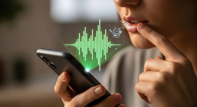Close up of woman interacting with a voice recognition app on a smartphone and listening to the audio displayed as green waves.