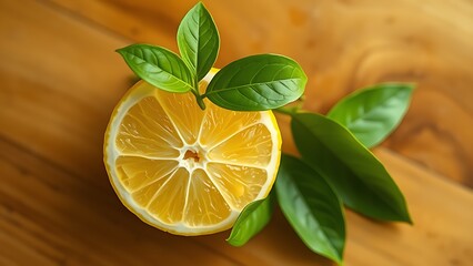 Fresh lemon with green leaves on a wooden surface, bathed in natural light for a vibrant look.