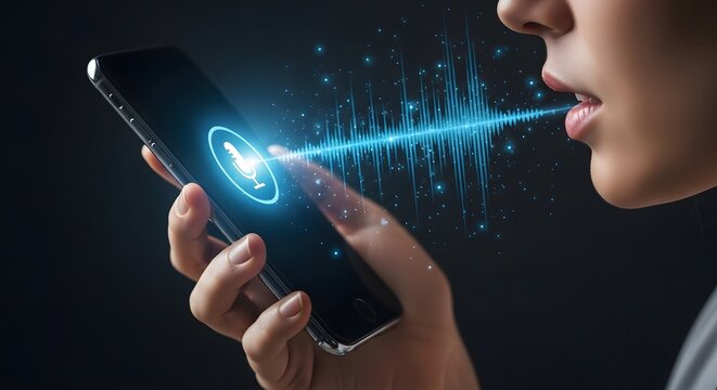 Woman uses smartphone voice assistant with digital sound wave visual for technology, audio, and communication advancements for voice recognition.