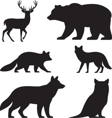 Silhouette forest animals including deer bear fox and wolf vector