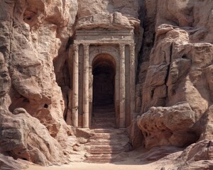 Ancient stone staircase leading to a mysterious, sunlit archway carved into a sandstone cliff.