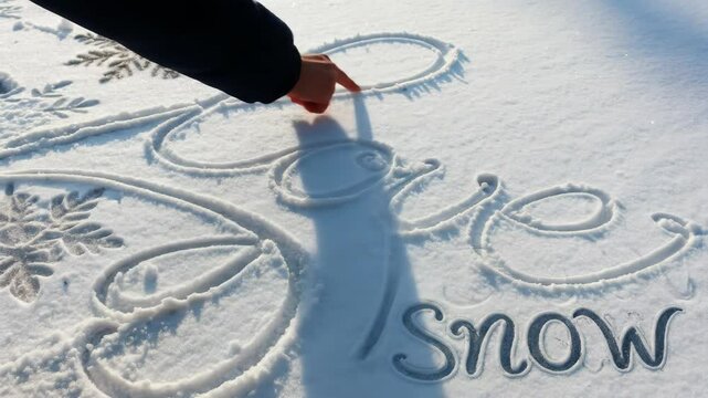 Writing "Love Snow" in the Snow - A person's hand is shown drawing the words "Love Snow" in the freshly fallen snow. A snowflake design is also incorporated into the drawing.
