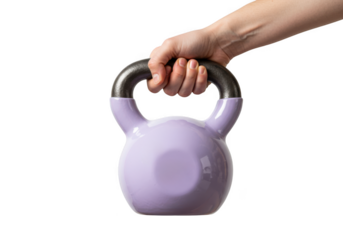 Hand holding purple kettlebell isolated on transparent background