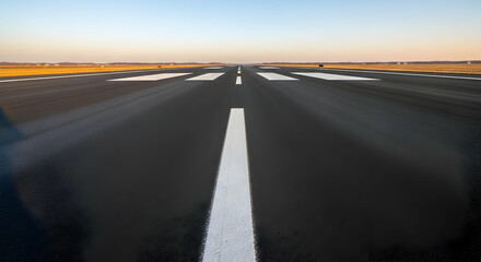 Naklejka premium Airport Runway Perspective With Marking And Sunset Sky In the Distance