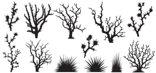 set of bare bush grass shrub herb bush bare tree silhouette vector