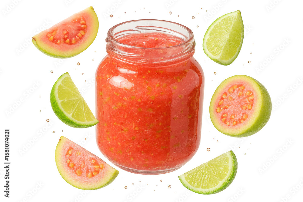 Poster vibrant guava sauce in a jar with fresh guava and lime slices, isolated on transparent background