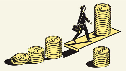 Financial growth strategy businessman climbing money steps for business success and investment profit
