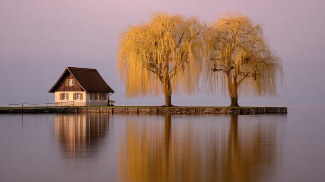 Beautiful island with willow trees and wooden bridge over calm lake during sunrise in autumn colors