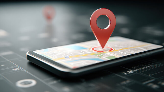 Smartphone with map application displaying floating location pin marker in augmented reality concept - Powered by Adobe