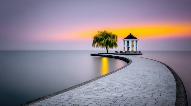 Beautiful island with willow trees and wooden bridge over calm lake during sunrise in autumn colors