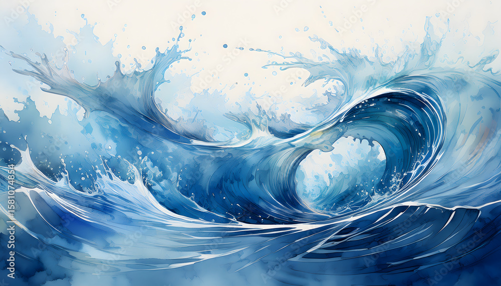 Poster a dynamic watercolor illustration captures the powerful motion of a large blue ocean wave crashing a