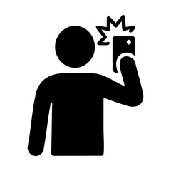 Person taking selfie with smartphone and camera flash icon