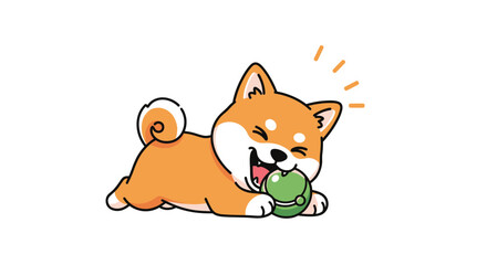 Adorable Shiba Inu Puppy Playing Energetically with a Green Ball Outdoors on a Sunny Day