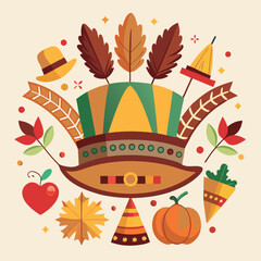 Autumn harvest festival elements with a headdress and thanksgiving symbols