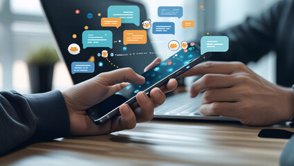 Hands use a phone, with chat bubbles and icons, representing digital communication.