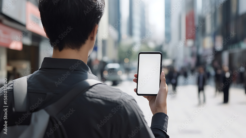 Poster man holding a phone with a blank screen in a city setting, ideal for app mockups or showcasing mobil