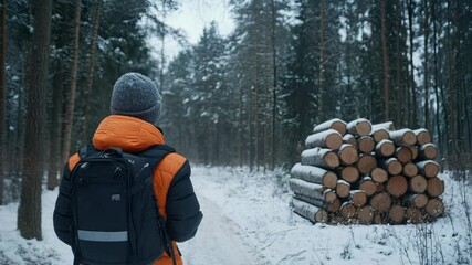 Person walks along a snowy path in a tranquil forest, surrounded by beautiful trees and a pile of logs - Powered by Adobe
