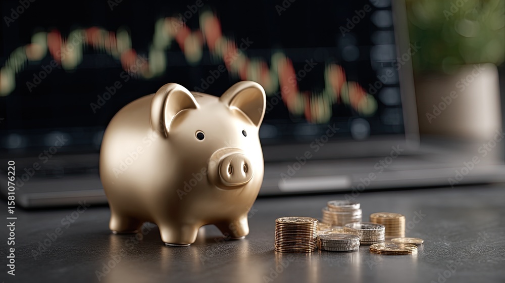 Poster golden piggy bank placed on table alongside scattered coins with an illuminated stock chart displayi