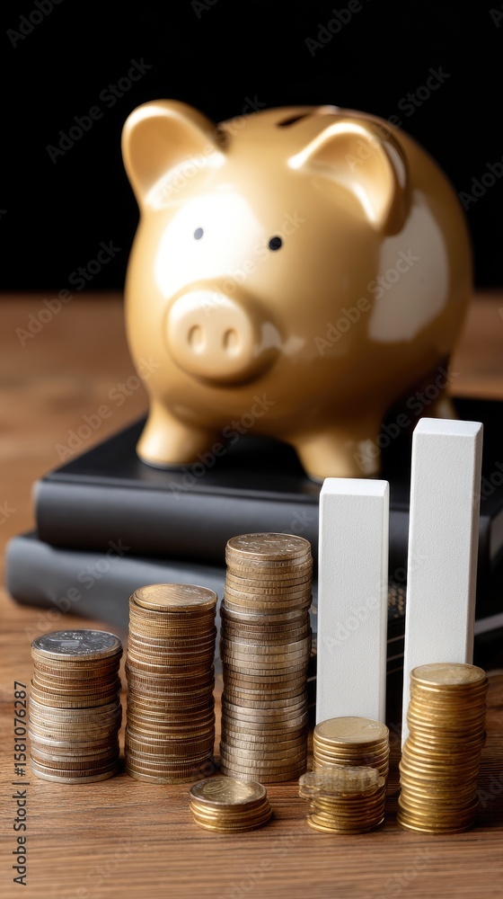 Poster golden piggy bank placed on table alongside scattered coins with an illuminated stock chart displayi