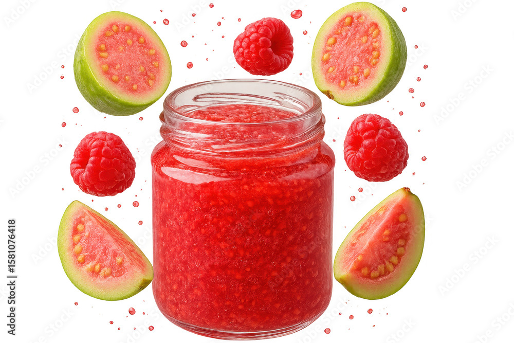 Poster vibrant guava and raspberry jam in a jar, isolated on transparent background.