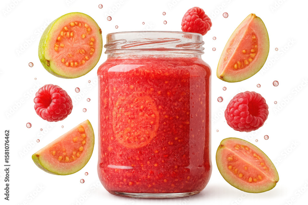 Poster raspberry and guava fruit jam in jar, isolated on transparent background.