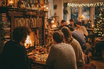 Obraz premium Cozy indoor New Year Eve party scene with diverse people playing board games around a lit fireplace, warm cinematic lighting