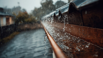 Close up railway tracks with raindrops and water reflections during rainy weather day