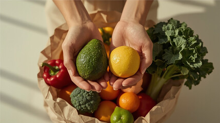Close-up of hands holding avocado and lemon above paper bag filled with fresh vegetables in natural light. Concept of healthy eating, plant-based food, and organic lifestyle.