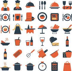A collection of kitchen and culinary icons in red and blue vector style