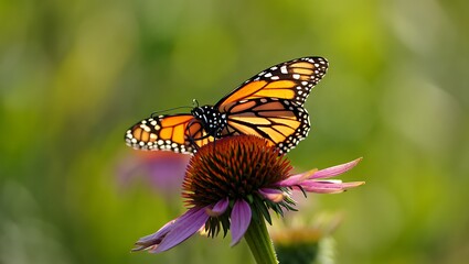 Monarch Butterfly Resting On A Purple Coneflower During Summer