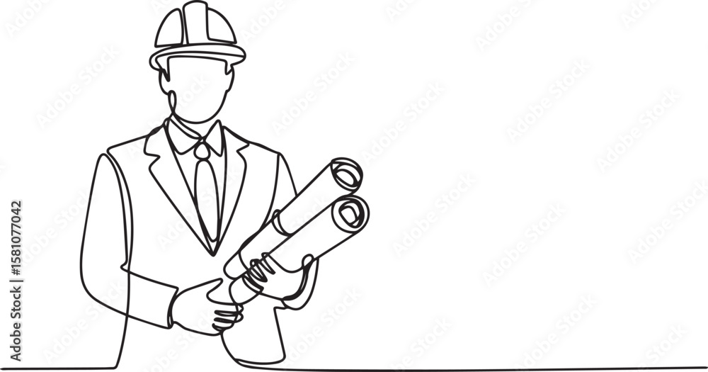 Poster engineer holding blueprint in continuous one line drawing, minimalist architect illustration in edit