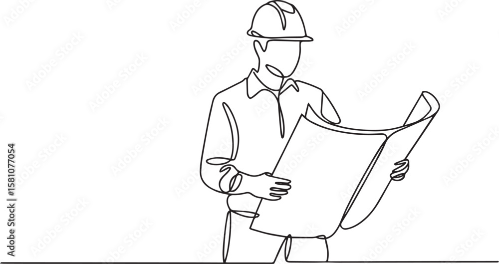 Poster engineer holding blueprint in continuous one line drawing, minimalist architect illustration in edit