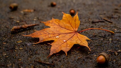 Beautiful Orange Maple Leaf With Water Droplets On Wet Ground