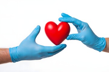 Fototapeta premium Medical Hands In Blue Gloves Gently Holding a Red Heart Shape Symbol of Love and Care