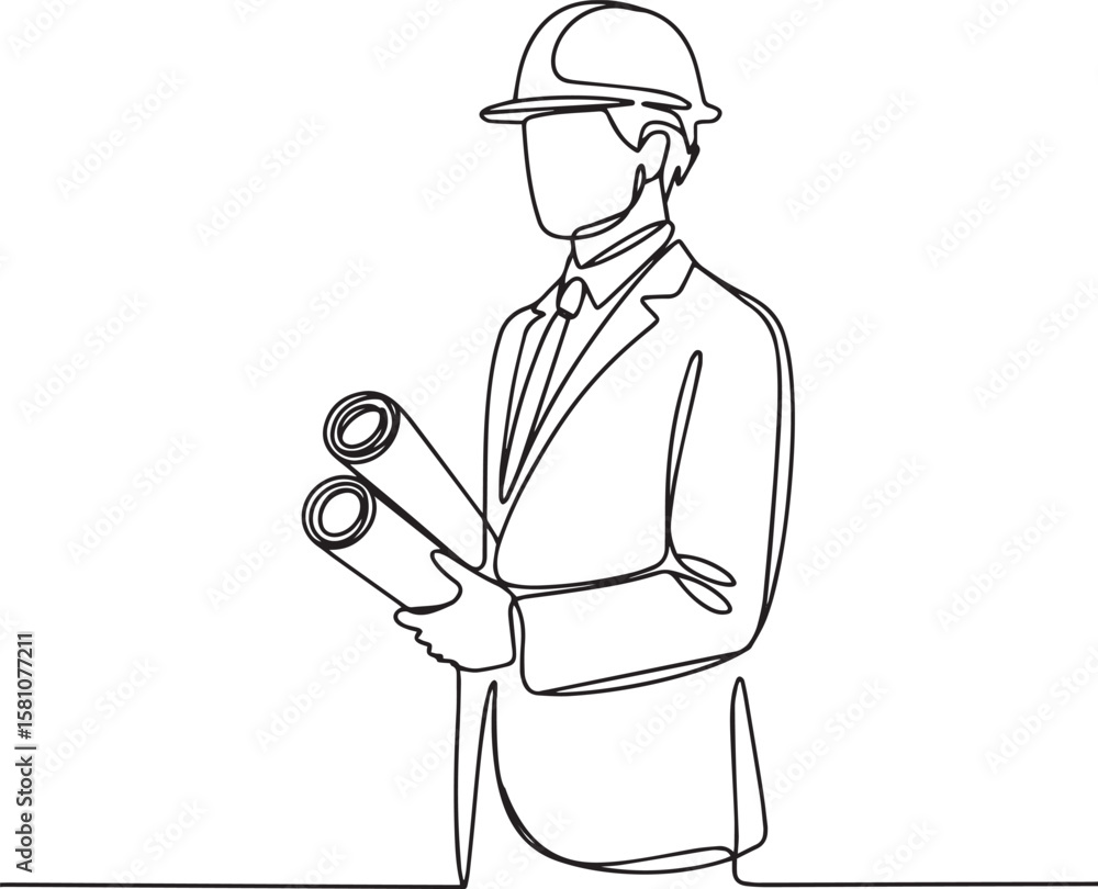 Poster engineer holding blueprint in continuous one line drawing, minimalist architect illustration in edit