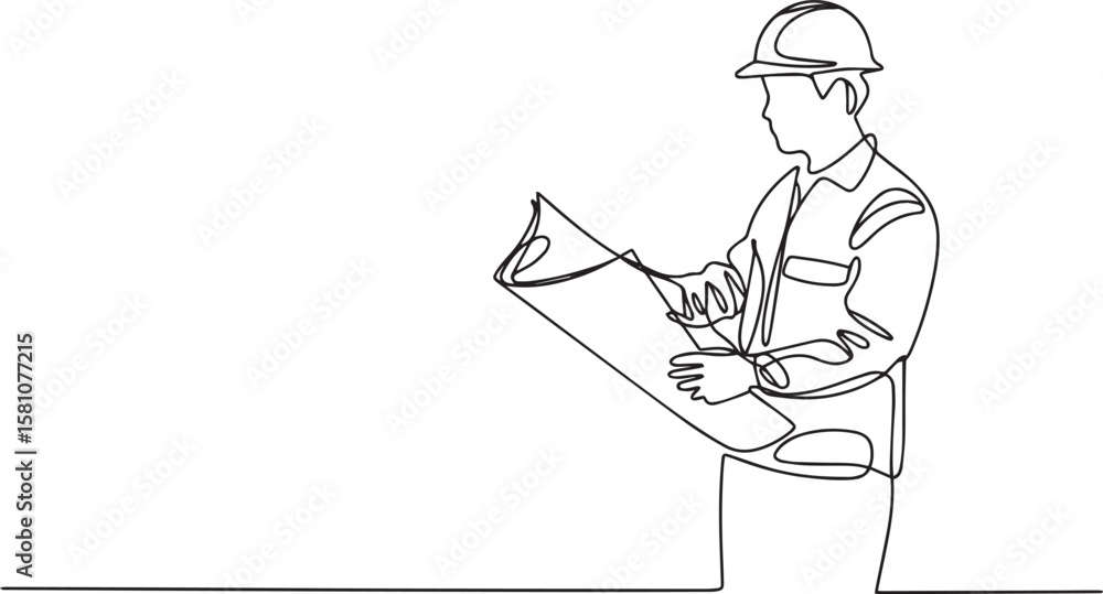 Poster engineer holding blueprint in continuous one line drawing, minimalist architect illustration in edit
