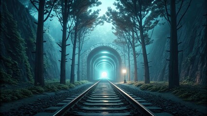 Fototapeta premium Railway Track Through Tunnel With Trees and Light at the End