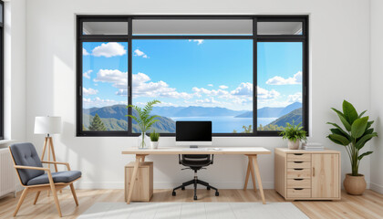 Fototapeta premium Innovative tech integration for api development hologram system in a minimal office with scenic views