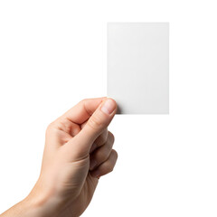 Obraz premium Hand holding a blank vertical white business card for mockup. Isolated on transparent background, png