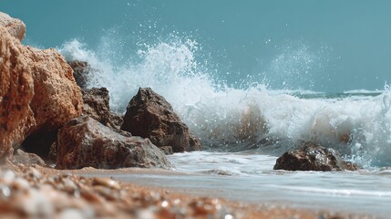 Ocean Wave Crashing on Rocks Along Sandy Shore