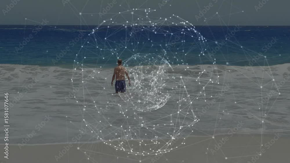 Aufkleber man stepping into ocean and activating glowing tech sphere visualizing data connectivity