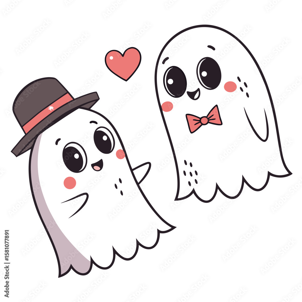 Poster adorable chibi ghost couple holding hands with a small red heart floating between them symbolizing l