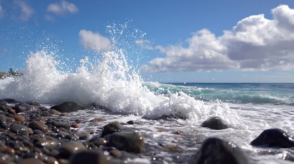 Ocean Wave Crashing on Rocky Beach