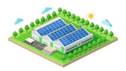 Isometric solar panel installation on factory roof for renewable energy generation and sustainable power solution