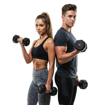 Fitness couple lifting weights isolated on transparent background